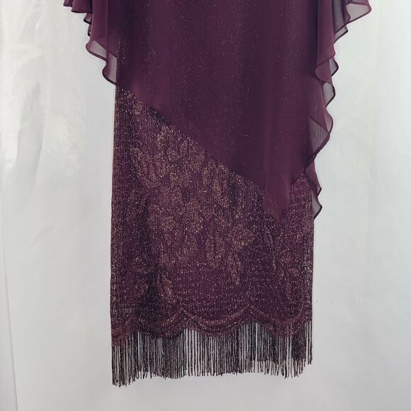 SLNY Burgundy Gold Lace Fringe Dress Attached Chiffon Cape NWOT Size 6 - Picture 5 of 9